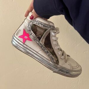 Golden Goose White High-Top Sneakers with Pink Star and Glitter